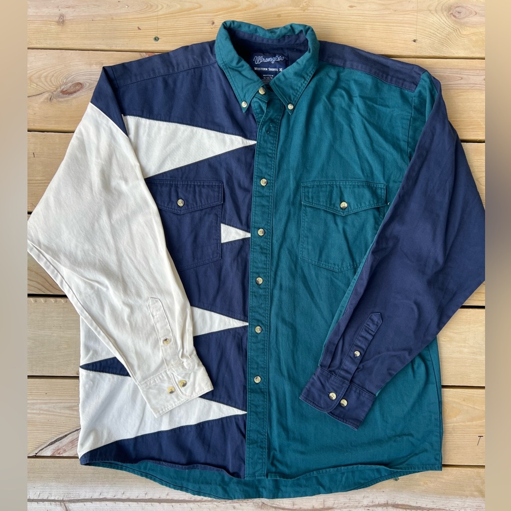 Wrangler Men's Western Multi-Color Button Down Shirt Early 2000s Size XL